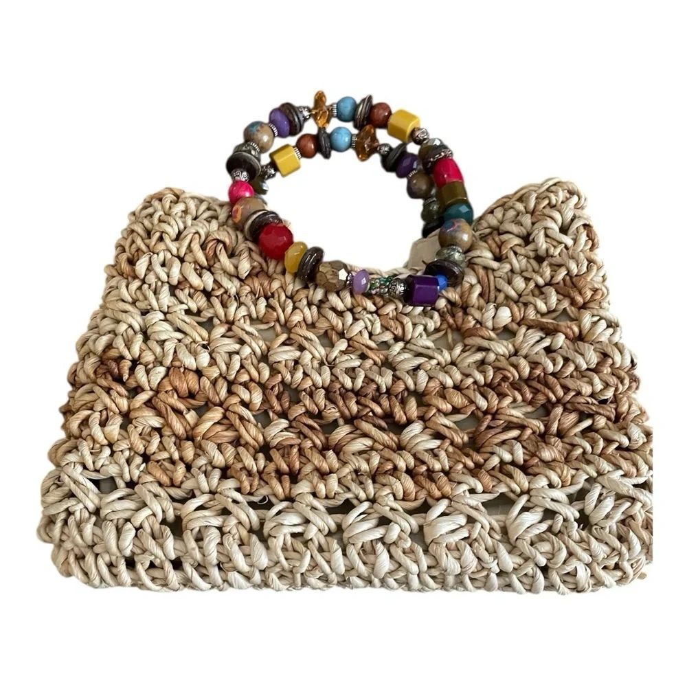 Capelli Strawworld Woven Beige Purse with Bohemian Beaded Handle, Island Living.